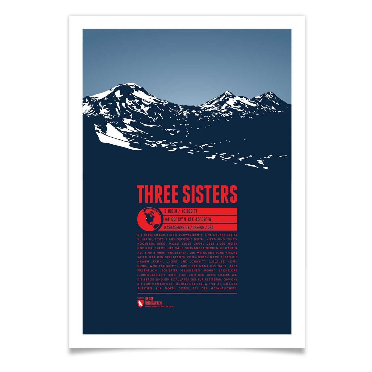 Three Sisters als illustrierter Druck von Marmota Maps (3158 m, Kaskadenkette)