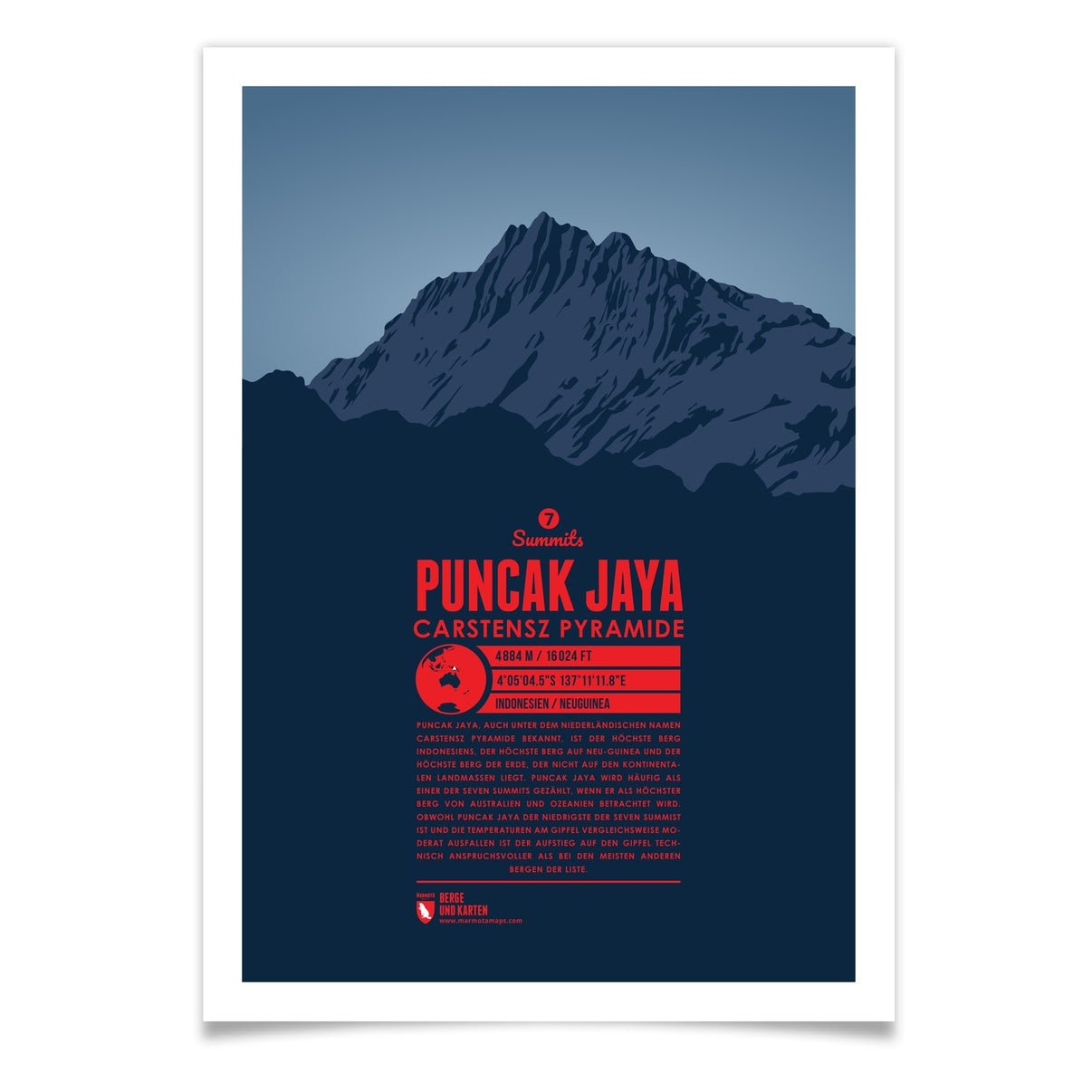 Puncak Jaya als illustrierter Druck von Marmota Maps (4884 m, Neu Guinea, Maoke Gebirge)