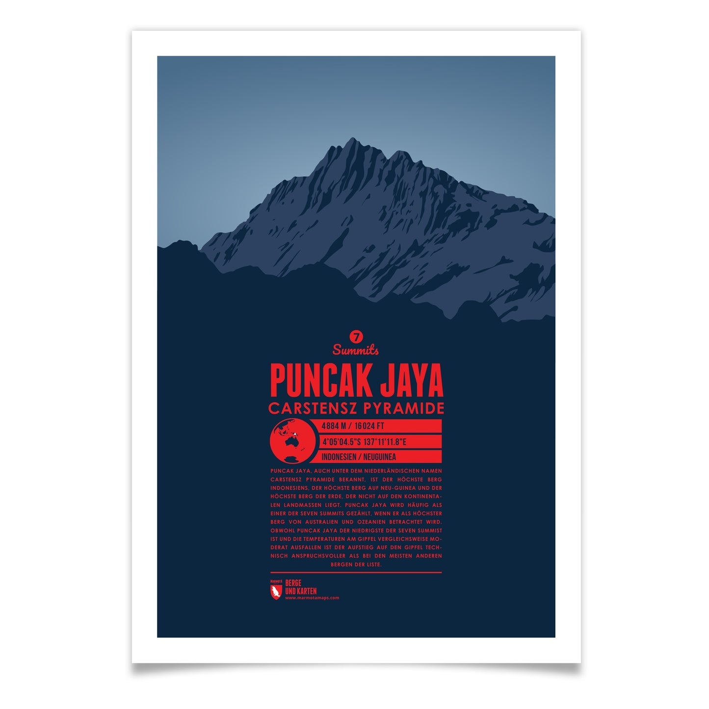 Puncak Jaya als illustrierter Druck von Marmota Maps (4884 m, Neu Guinea, Maoke Gebirge)