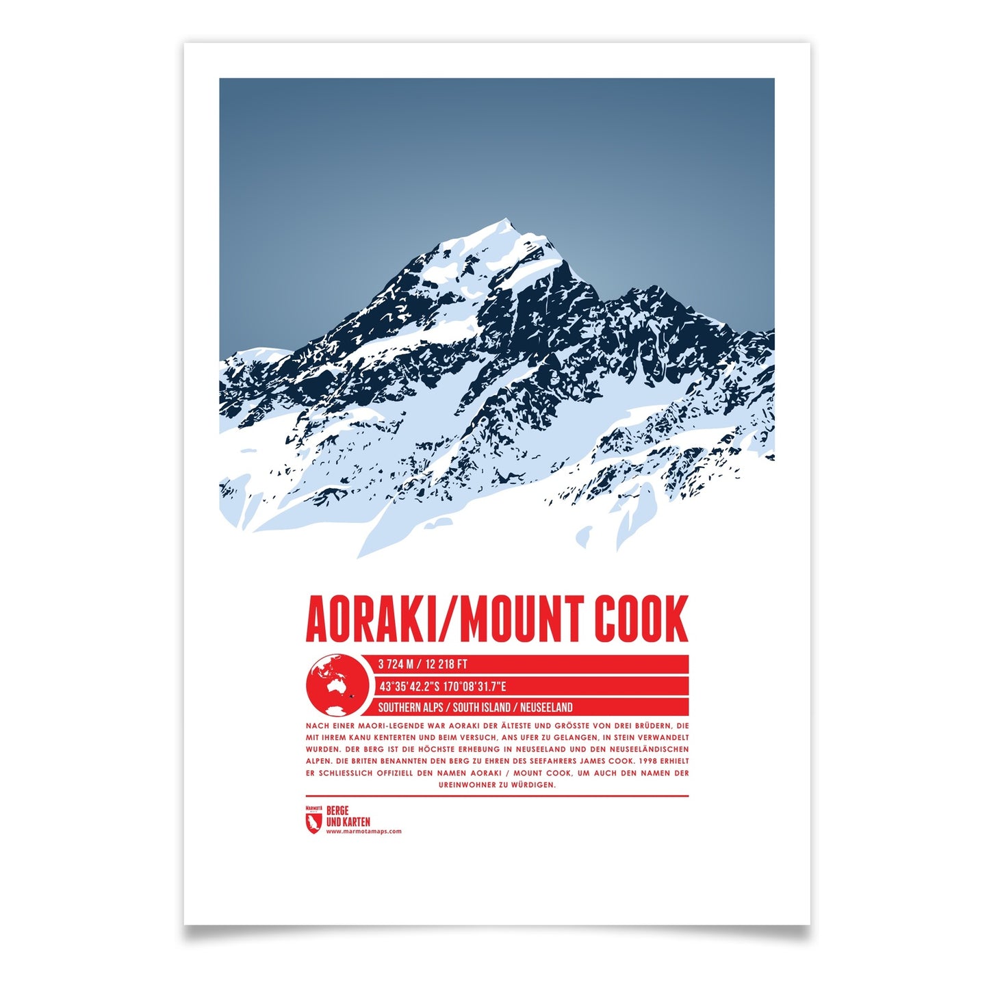Aoraki / Mount Cook als illustrierter Druck von Marmota Maps (3724 m, Southern Alps)