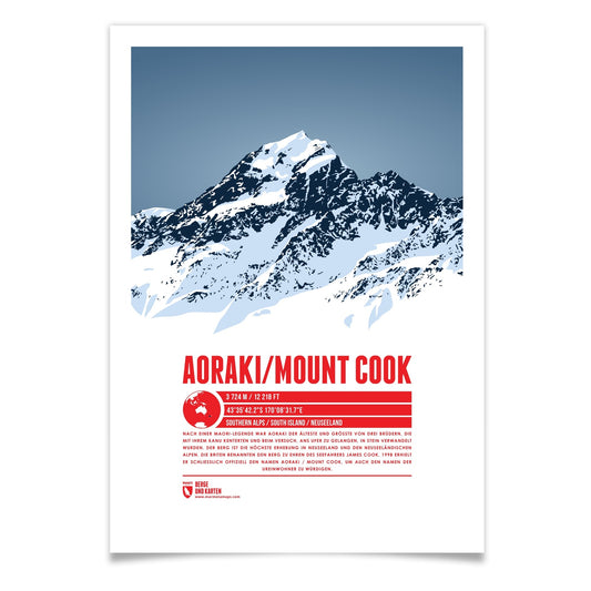 Aoraki / Mount Cook als illustrierter Druck von Marmota Maps (3724 m, Southern Alps)