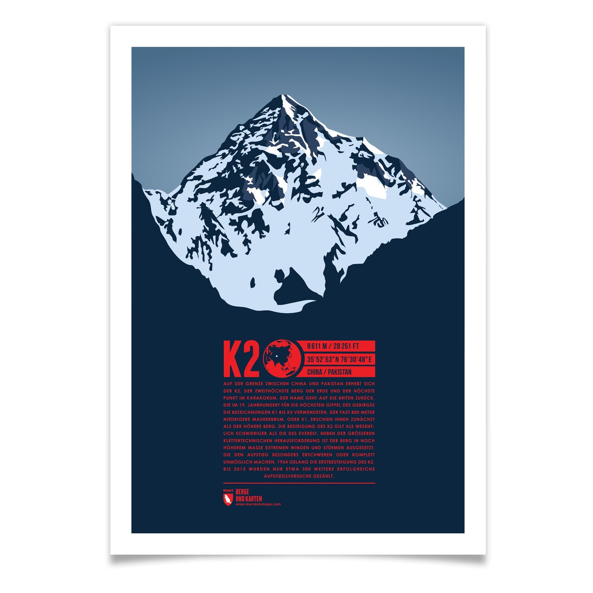 K2 als illustrierter Druck von Marmota Maps (8611 m, Karakorum)