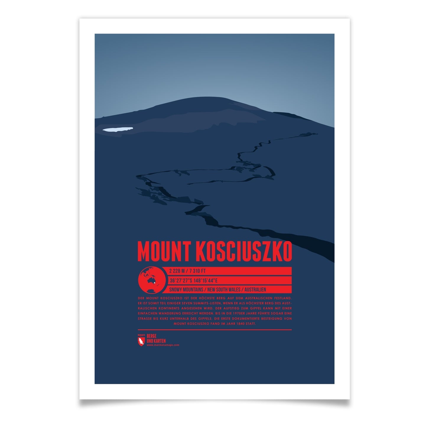 Mount Kosciuszko als illustrierter Druck von Marmota Maps (2228 m, Snowy Mountains)