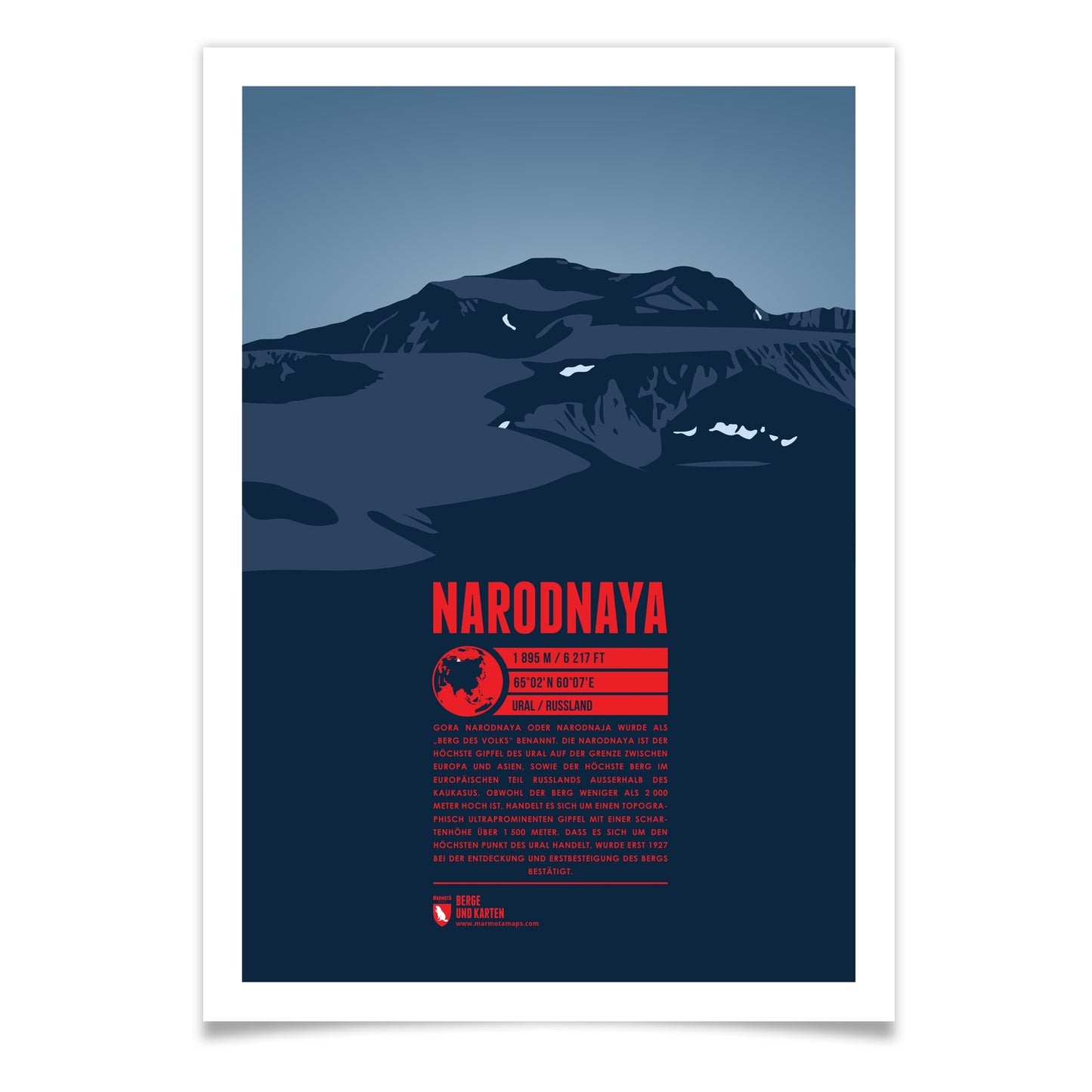 Narodnaya als illustrierter Druck von Marmota Maps (1895 m, Ural)
