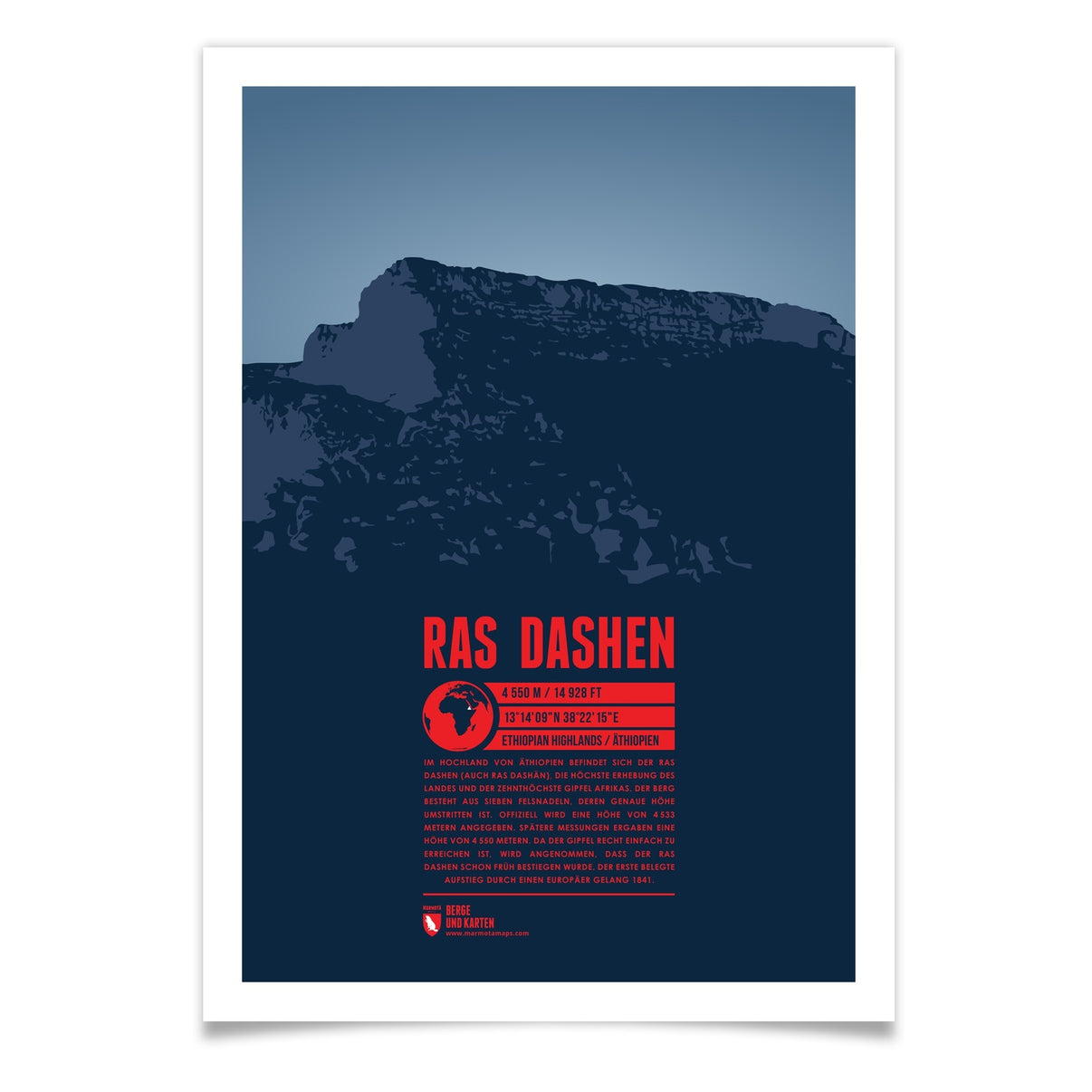 Ras Dashen als illustrierter Druck von Marmota Maps (4550 m, Hochland von Äthiopien)