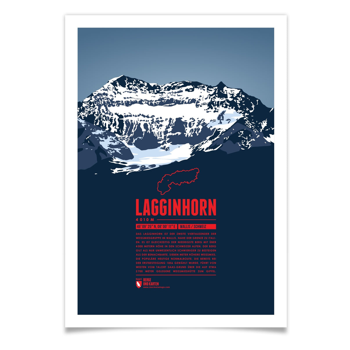 Lagginhorn als illustrierter Druck von Marmota Maps (4010 m, Walliser Alpen)