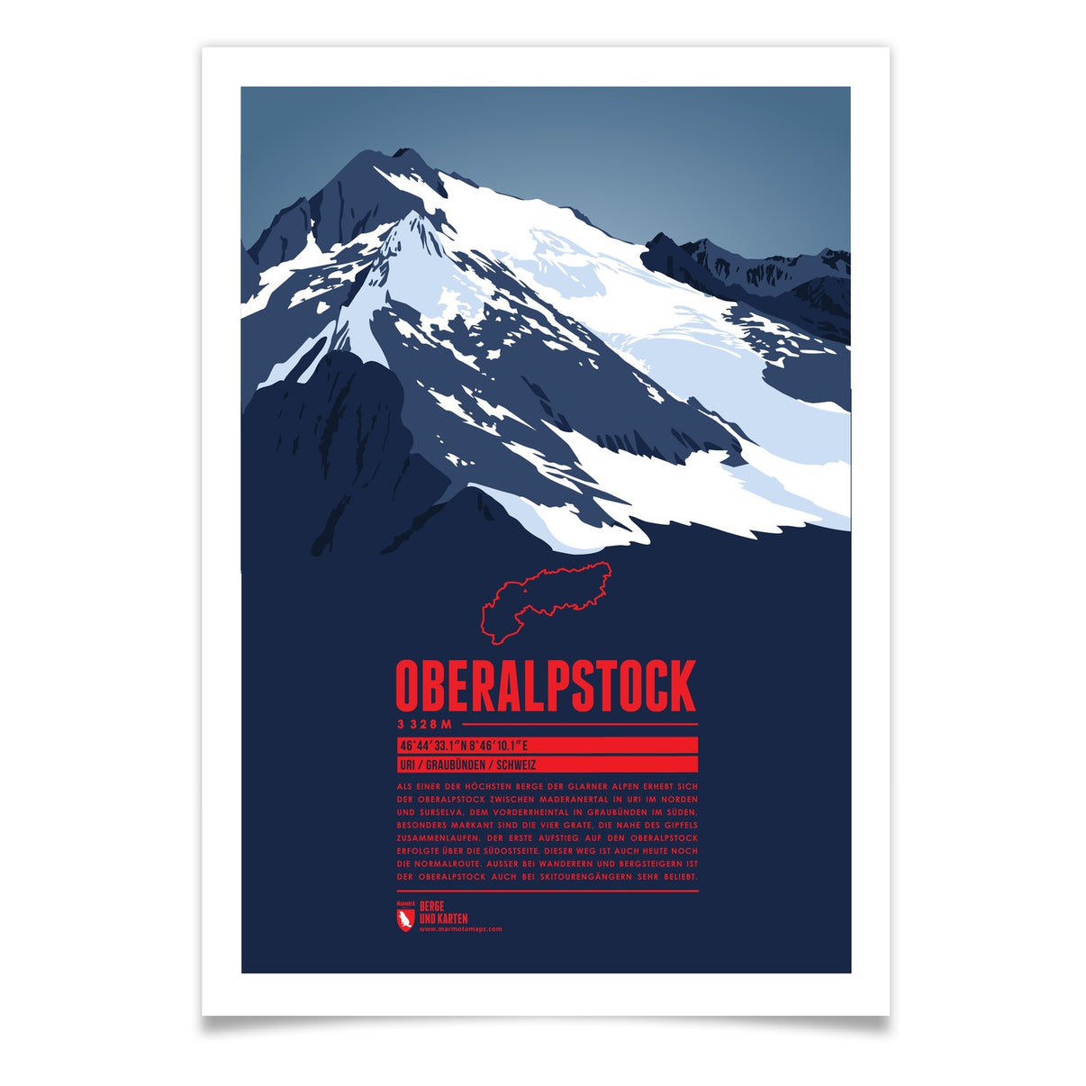Oberalpstock als illustrierter Druck von Marmota Maps (3328 m, Glarner Alpen)