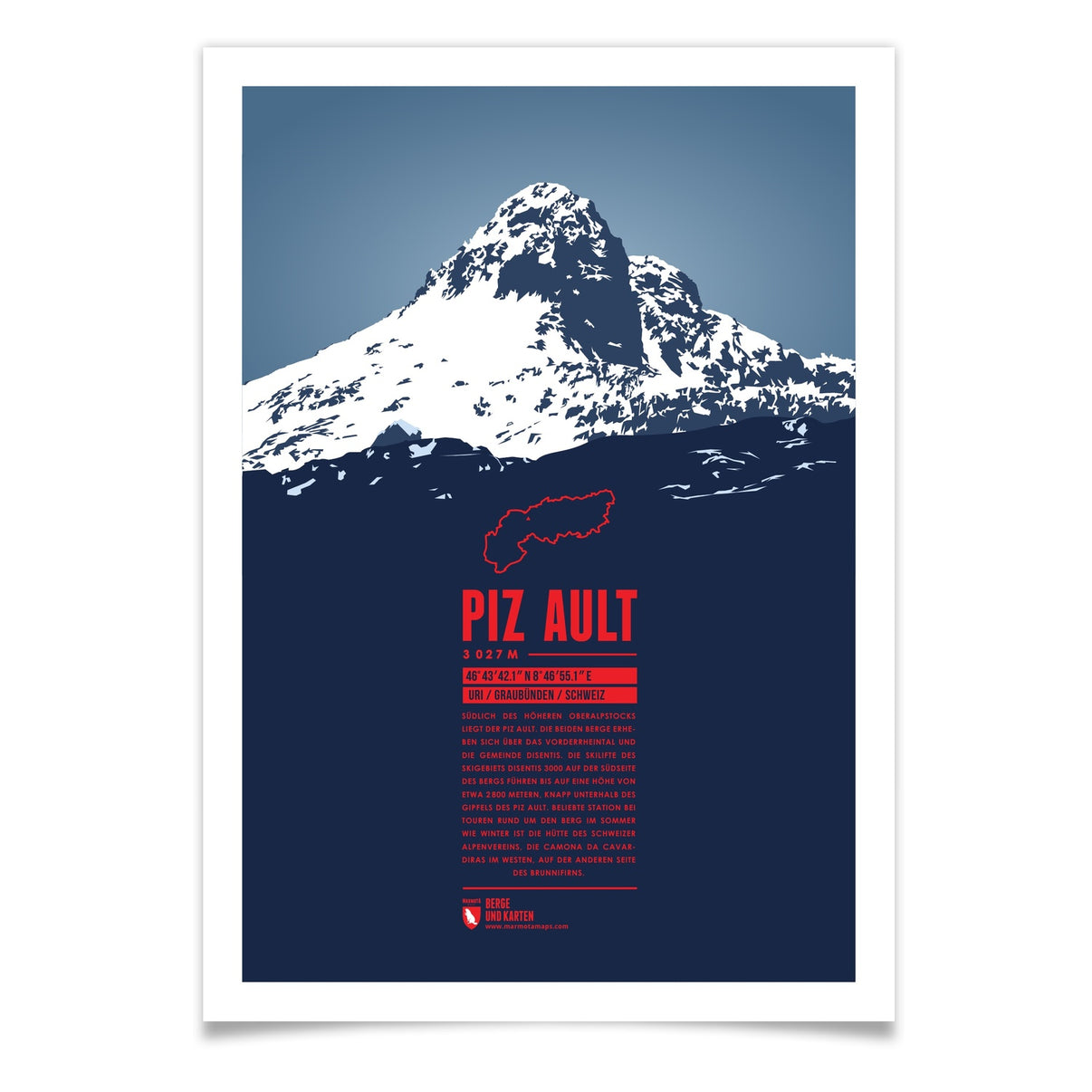 Piz Ault als illustrierter Druck von Marmota Maps (3027 m, Glarner Alpen)