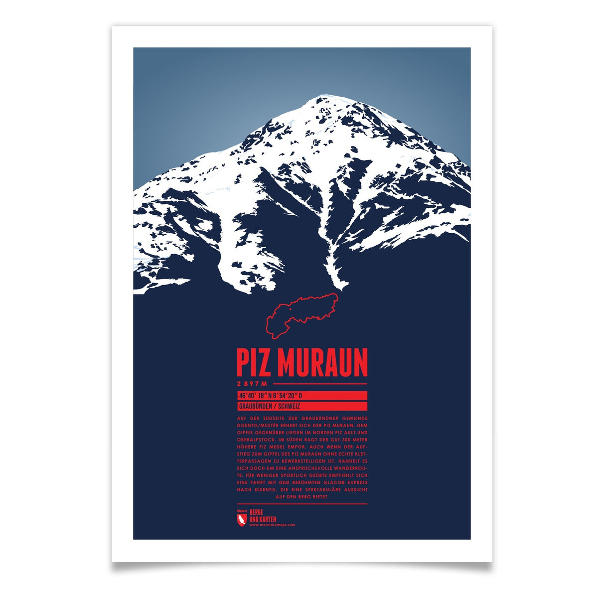 Piz Muraun als illustrierter Druck von Marmota Maps (2897 m, Lepontinische Alpen)