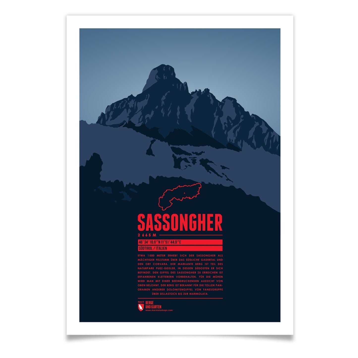 Sassongher als illustrierter Druck von Marmota Maps (2665 m, Dolomiten)