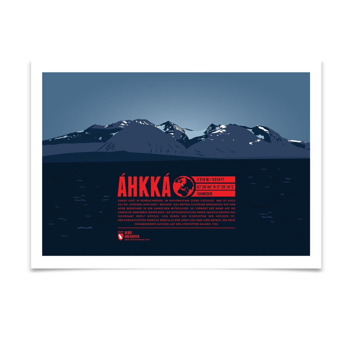 Áhkká als illustrierter Druck von Marmota Maps (2016 m, Skandinavisches Gebirge)