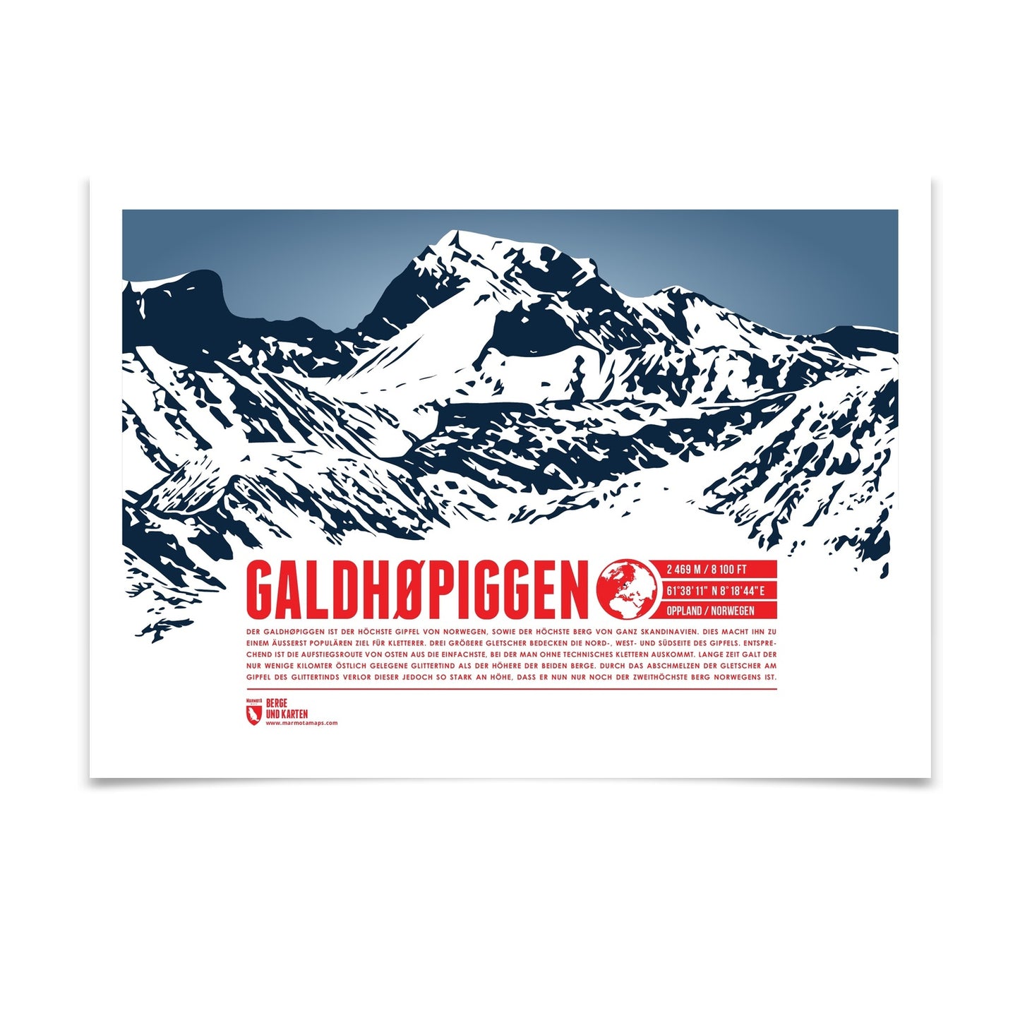 Galdhøpiggen als illustrierter Druck von Marmota Maps (2469 m, Skandinavisches Gebirge)