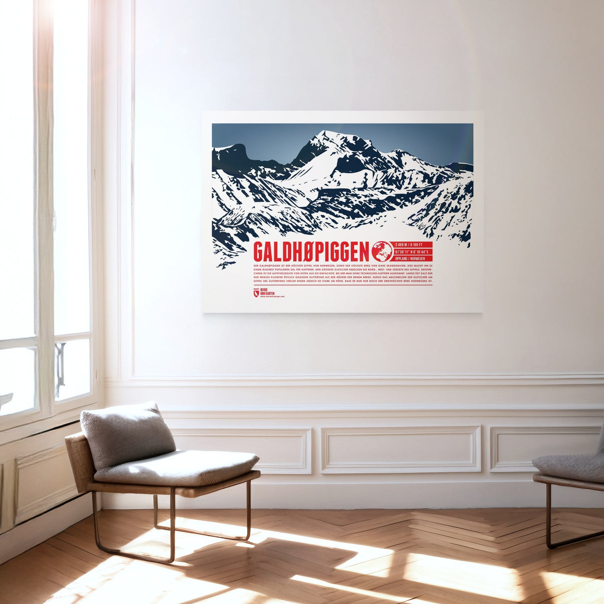 Galdhøpiggen as a print hanging on a wall