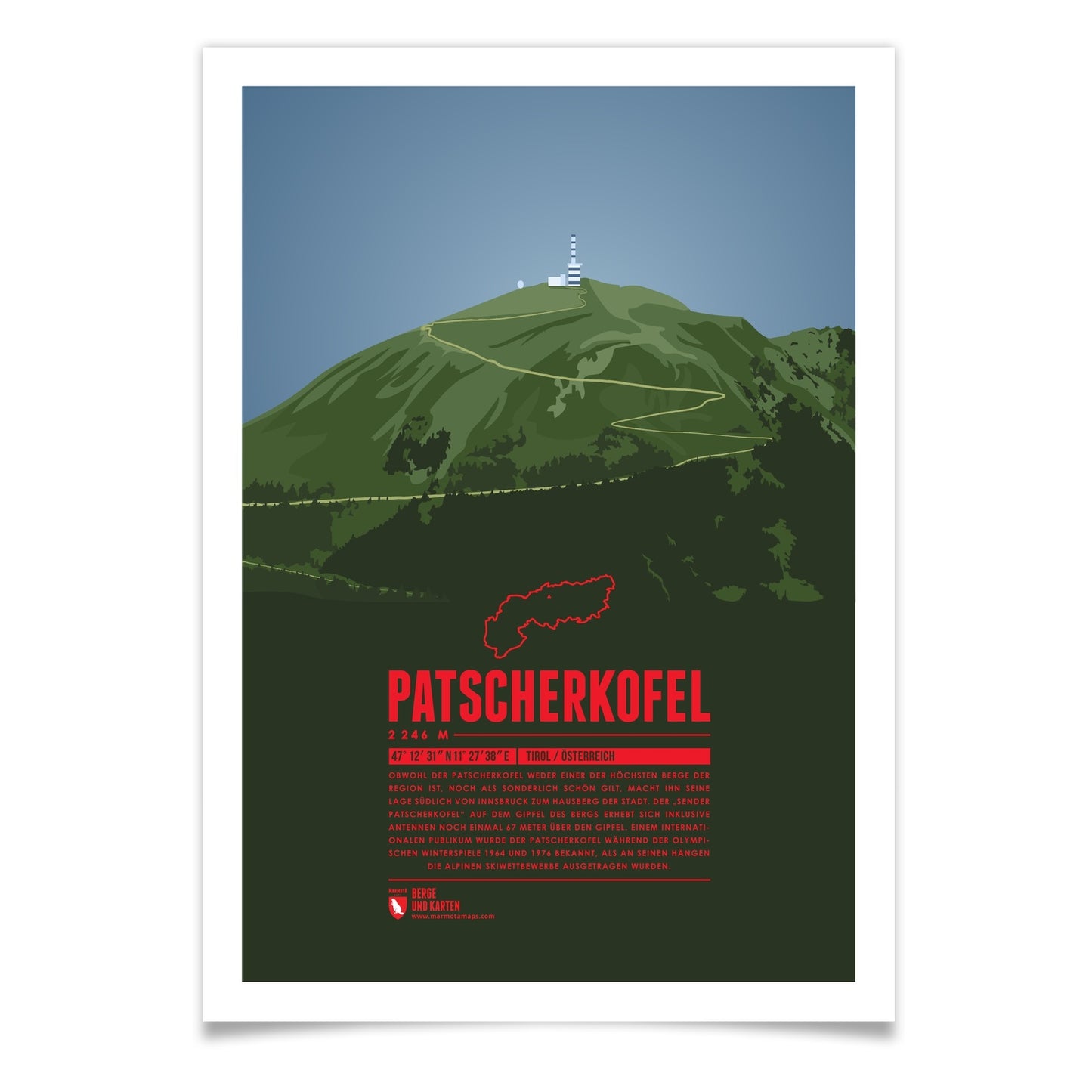 Patscherkofel als illustrierter Druck von Marmota Maps (2246 m, Tuxer Alpen)
