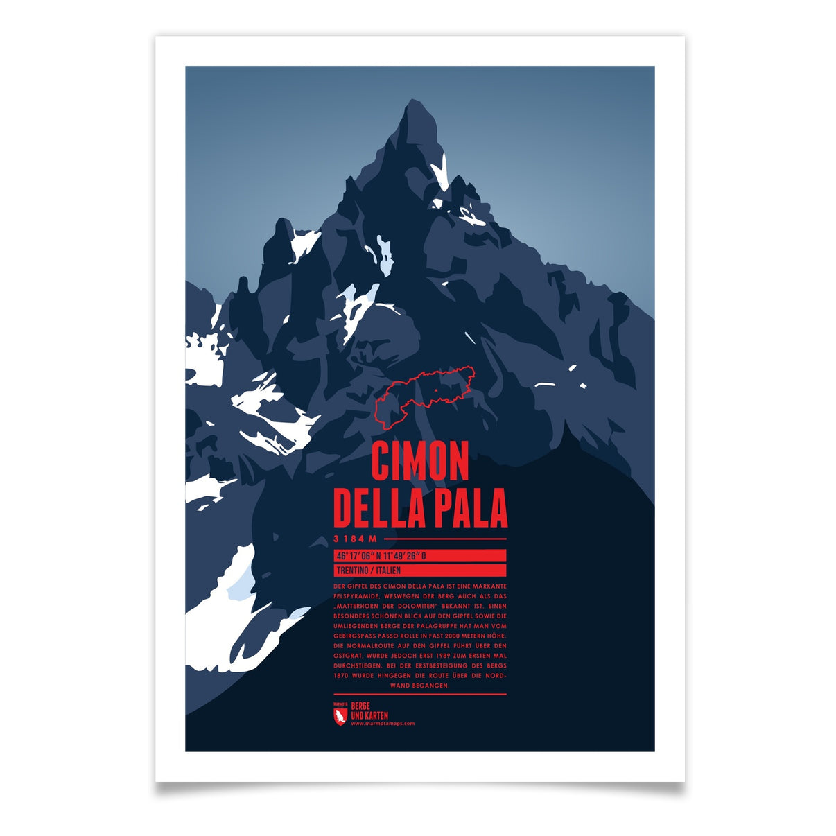 Cimon della Pala als illustrierter Druck von Marmota Maps (3184 m, Dolomiten)