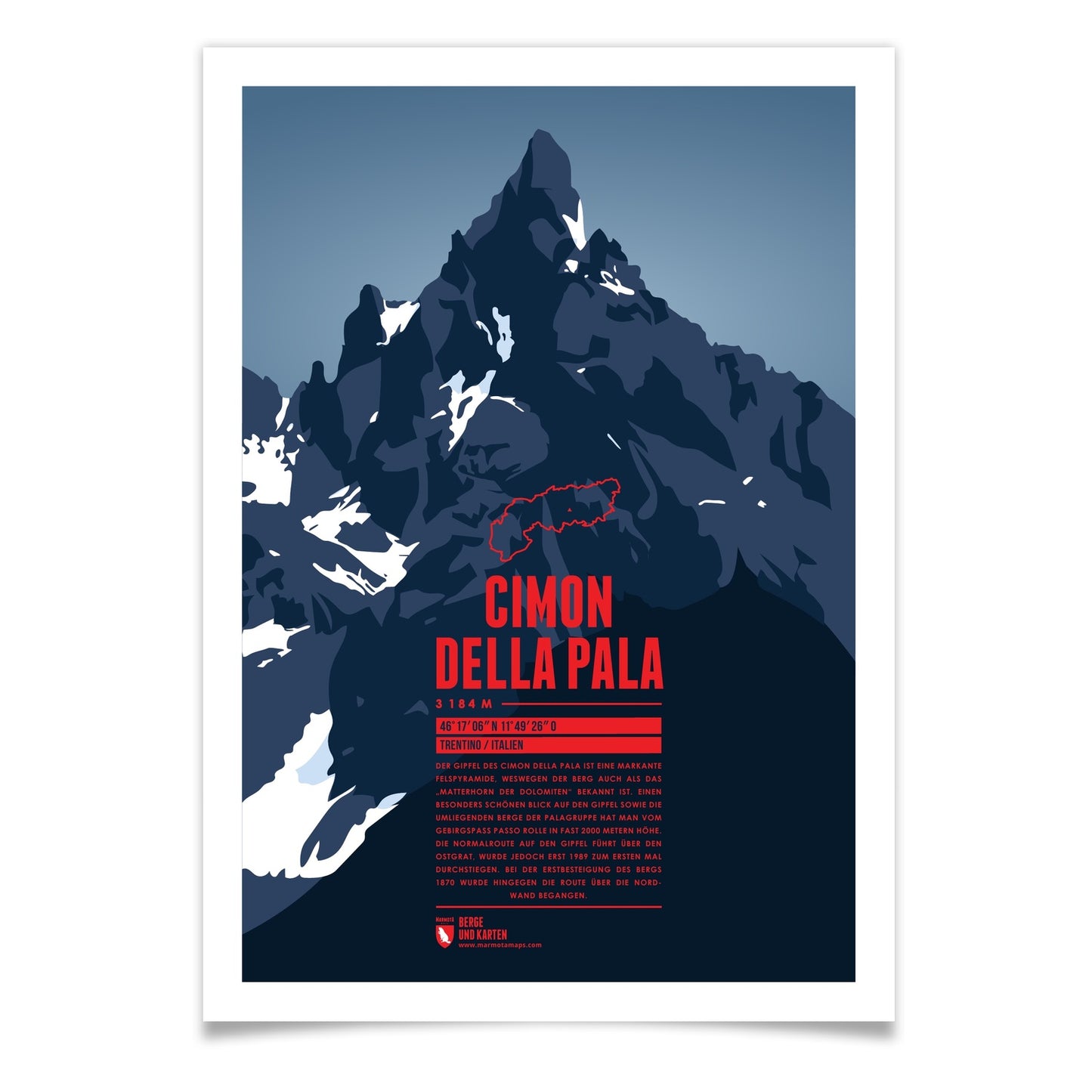 Cimon della Pala als illustrierter Druck von Marmota Maps (3184 m, Dolomiten)