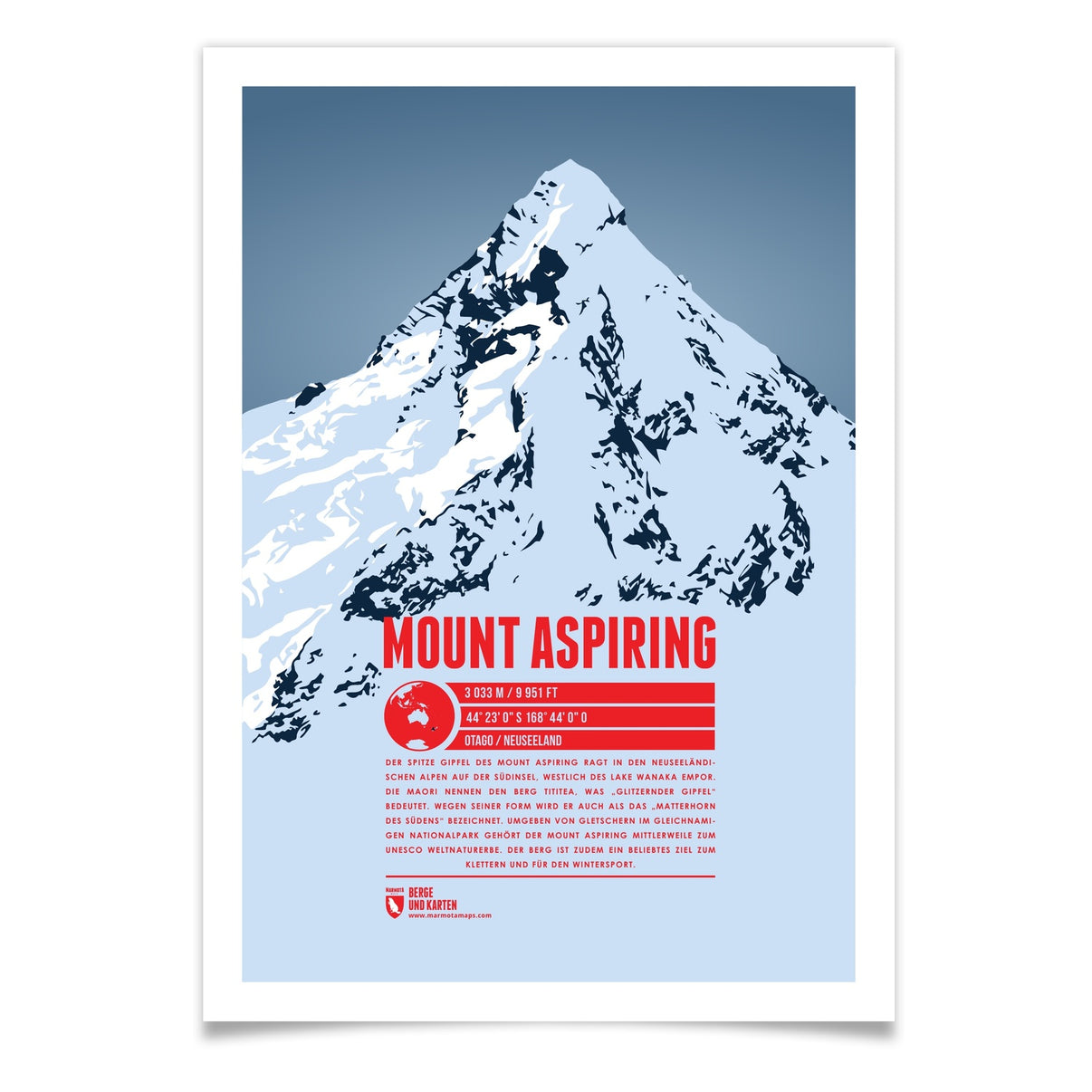 Mount Aspiring / Tititea als illustrierter Druck von Marmota Maps (3033 m, Southern Alps)