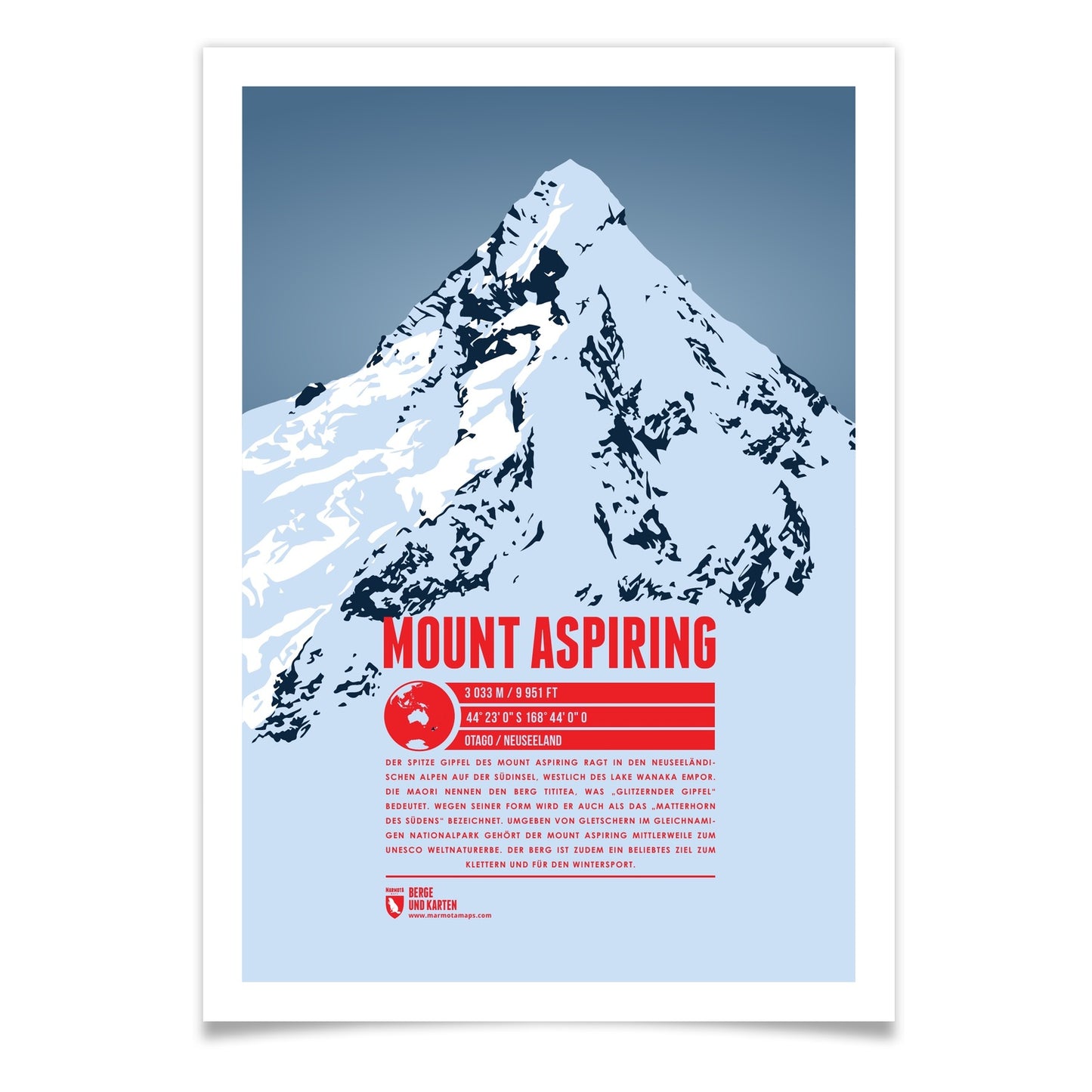 Mount Aspiring / Tititea als illustrierter Druck von Marmota Maps (3033 m, Southern Alps)