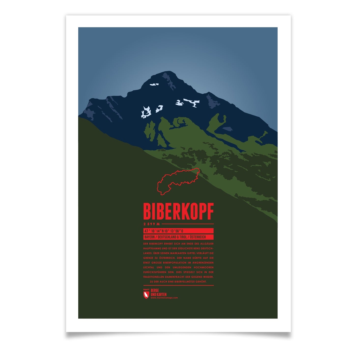 Biberkopf als illustrierter Druck von Marmota Maps (2599 m, Allgäuer Alpen)