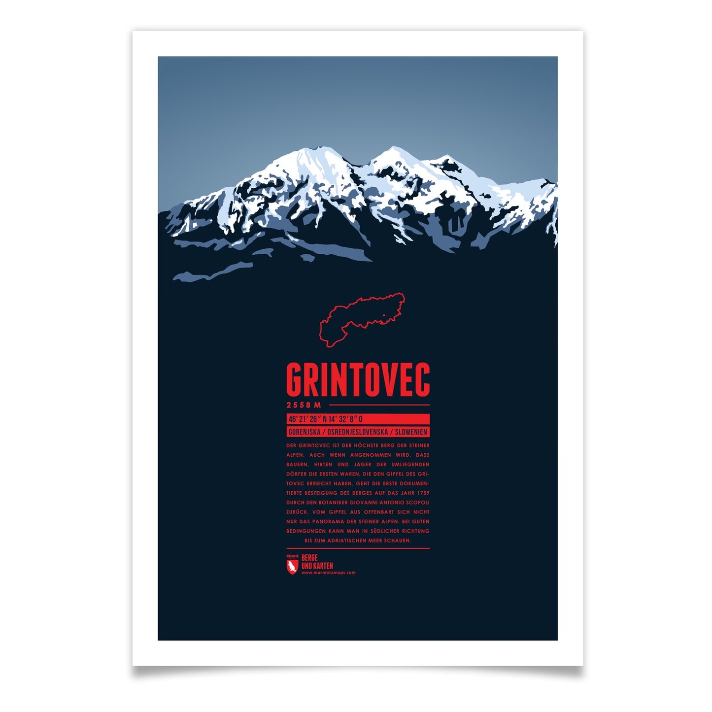 Grintovec als illustrierter Druck von Marmota Maps (2558 m, Steiner Alpen)