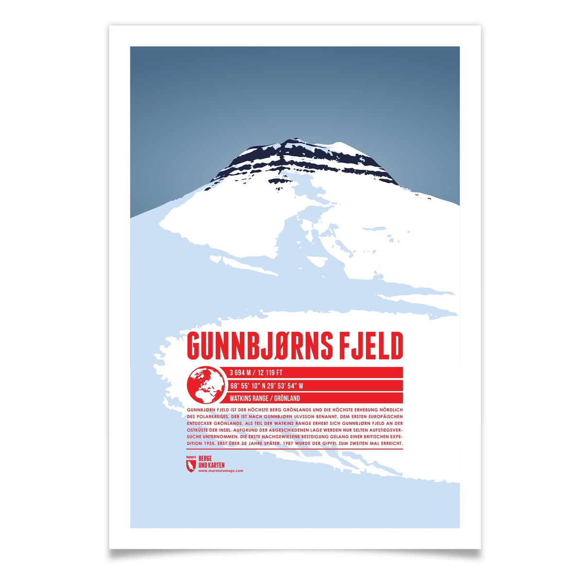 Gunnbjørns Fjeld als illustrierter Druck von Marmota Maps (3694 m, Watkins Range)