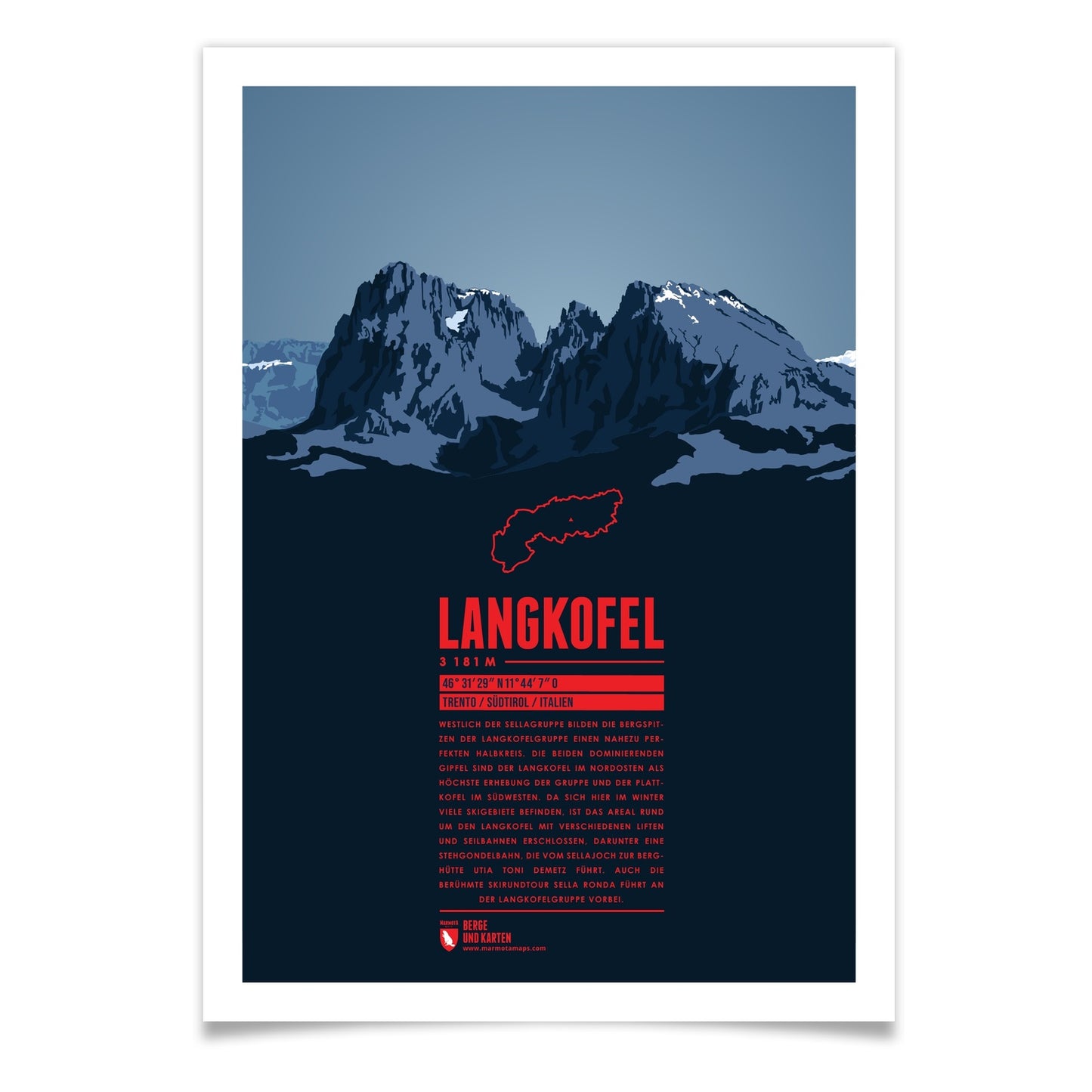 Langkofel als illustrierter Druck von Marmota Maps (3181 m, Dolomiten)