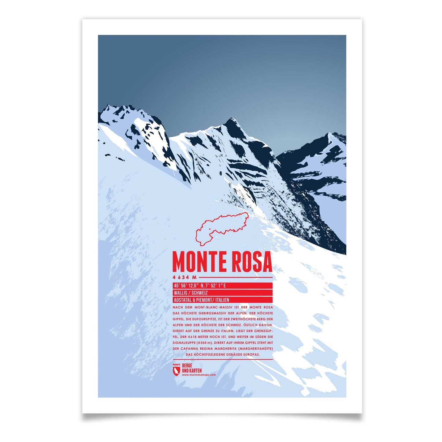 Monte Rosa als illustrierter Druck von Marmota Maps (4634 m, Walliser Alpen)
