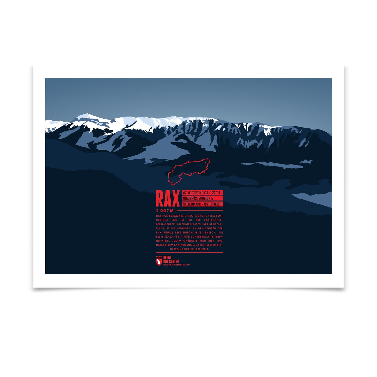 Rax als illustrierter Druck von Marmota Maps (2007 m, Mürzsteger Alpen)