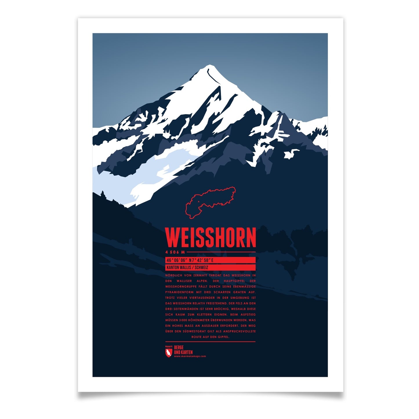 Weisshorn als illustrierter Druck von Marmota Maps (4506 m, Walliser Alpen)