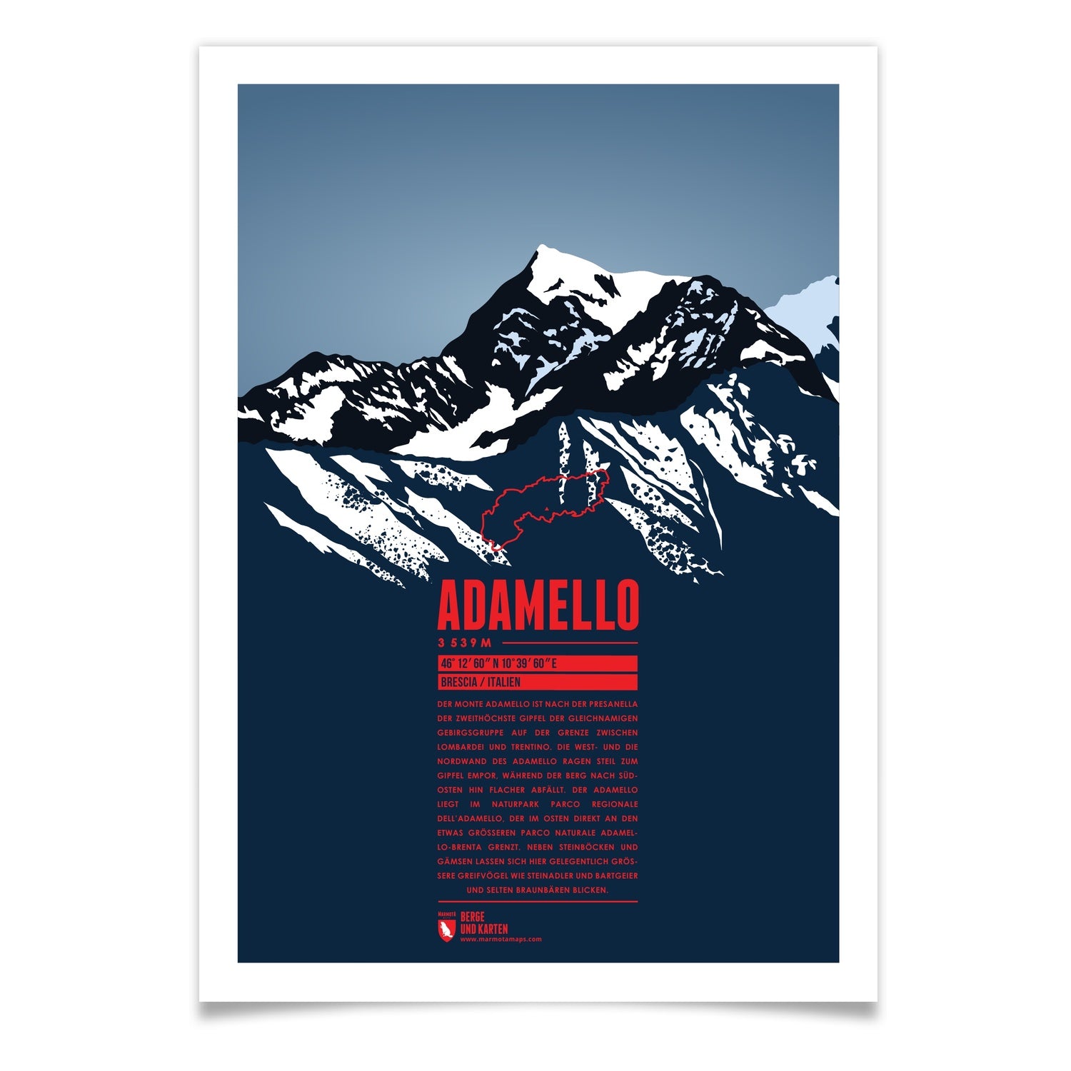 Adamello als illustrierter Druck von Marmota Maps (3539 m, Adamellogruppe)