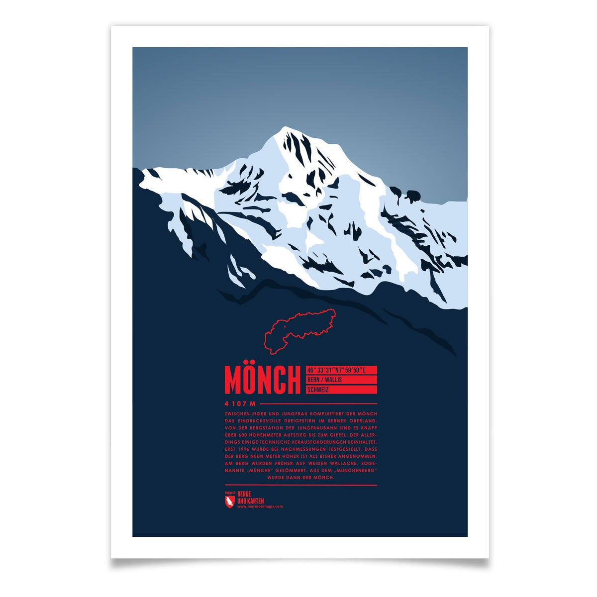 Mönch als illustrierter Druck von Marmota Maps (4110 m, Berner Alpen)