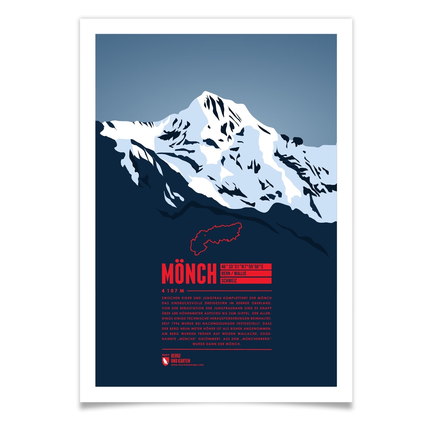 Mönch als illustrierter Druck von Marmota Maps (4110 m, Berner Alpen)