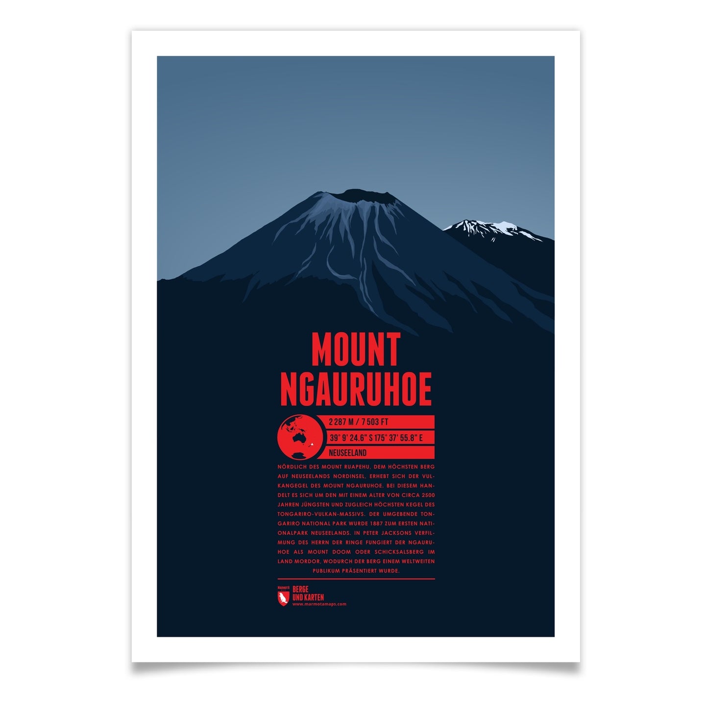 Mount Ngauruhoe als illustrierter Druck von Marmota Maps (2287 m)