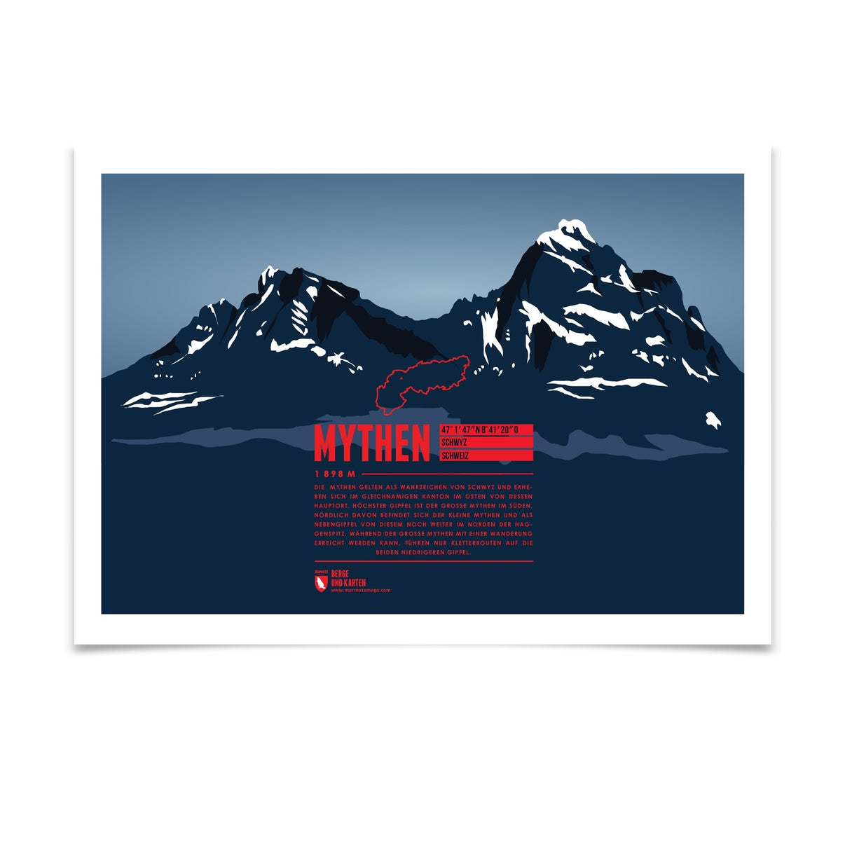 Mythen als illustrierter Druck von Marmota Maps (1898 m, Schwyzer Alpen)