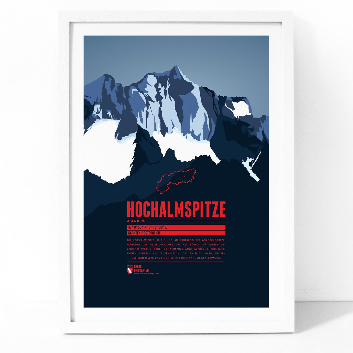 Hochalmspitze als illustrierter Druck von Marmota Maps im Holzrahmen (3360 m, Hohe Tauern)
