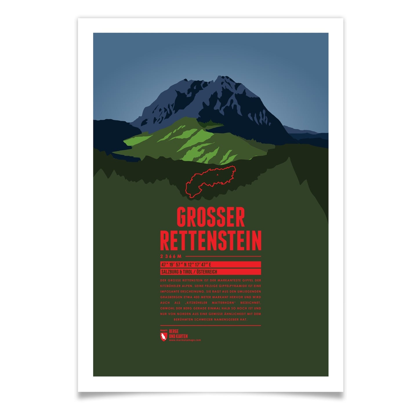 Großer Rettenstein als illustrierter Druck von Marmota Maps (2366 m, Kitzbüheler Alpen)