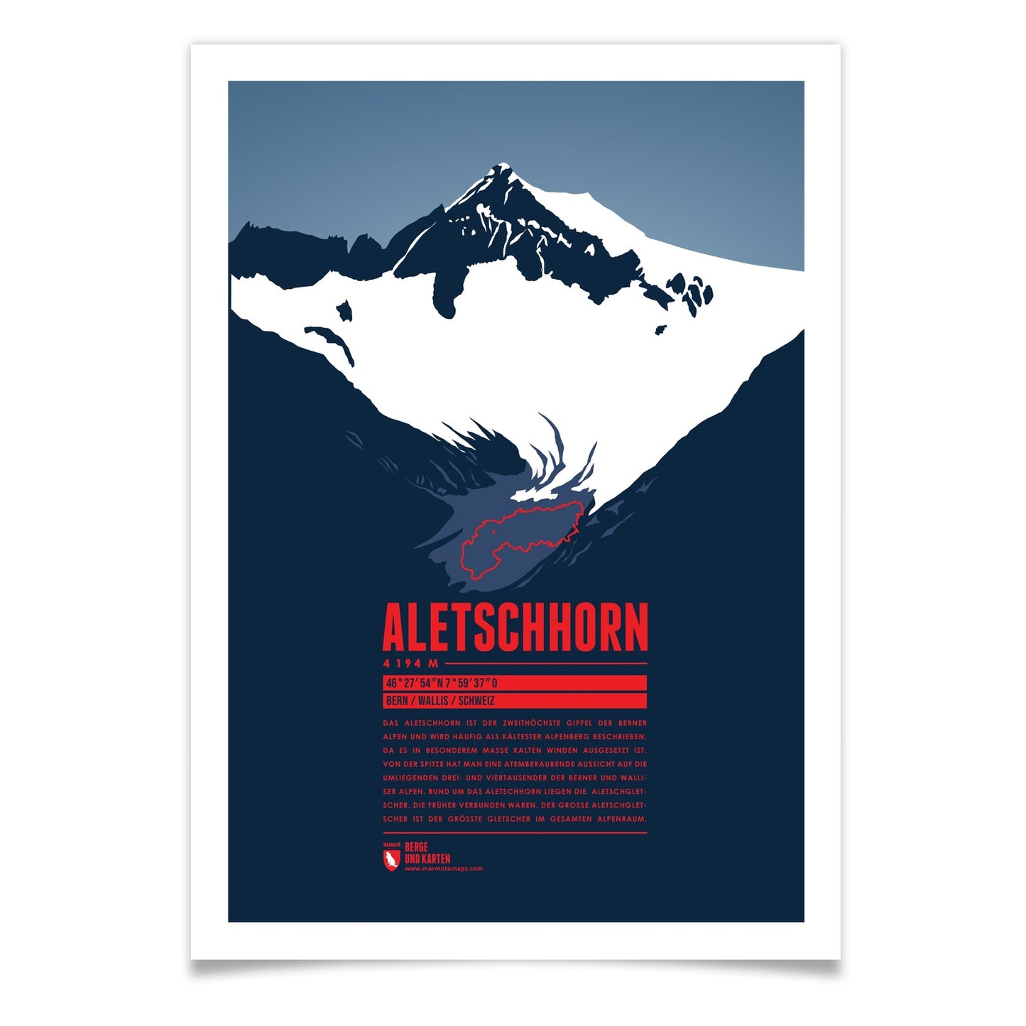 Aletschhorn als illustrierter Druck von Marmota Maps (4194 m, Berner Alpen)
