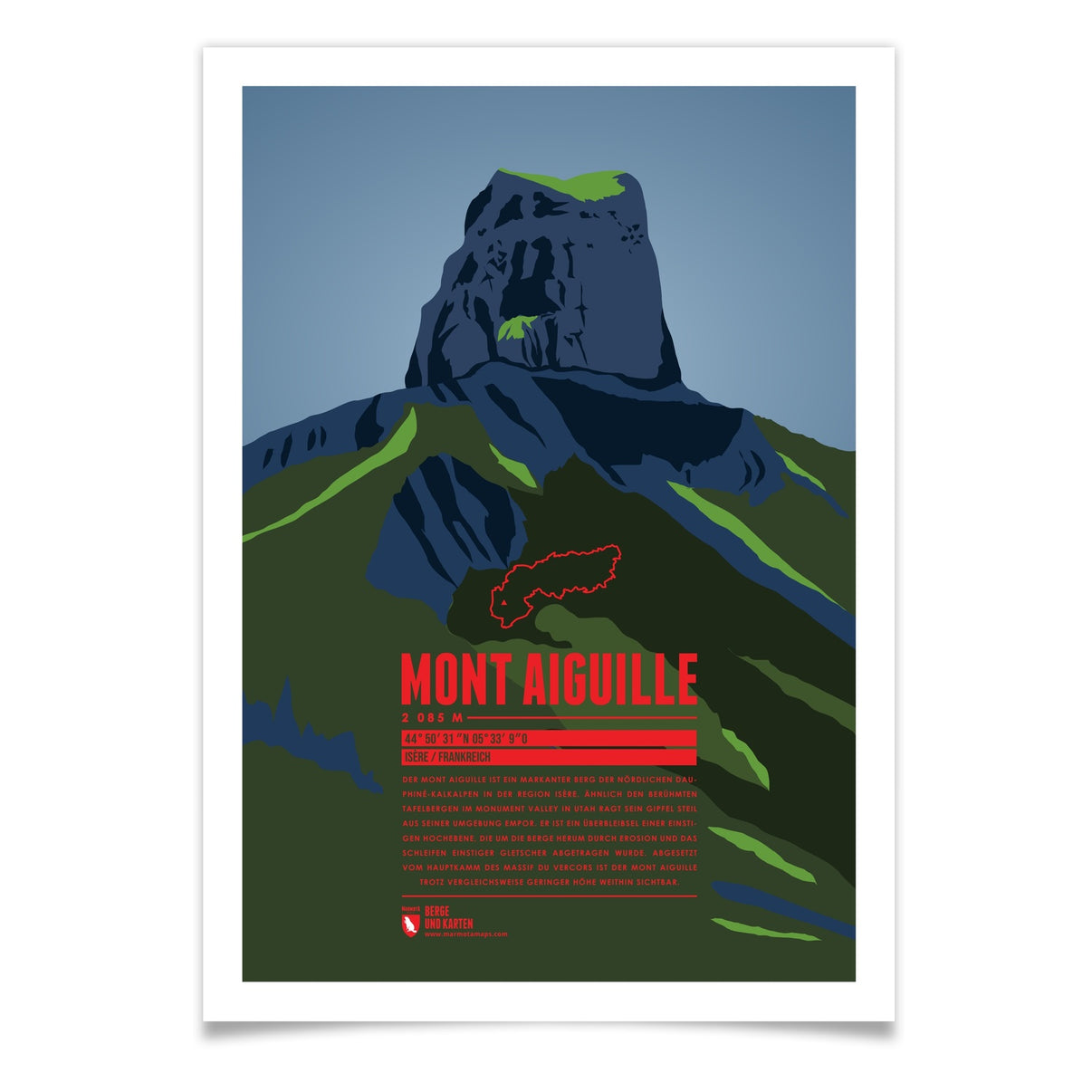 Mont Aiguille als illustrierter Druck von Marmota Maps (2087 m, Nördliche Dauphine-Kalkalpen)