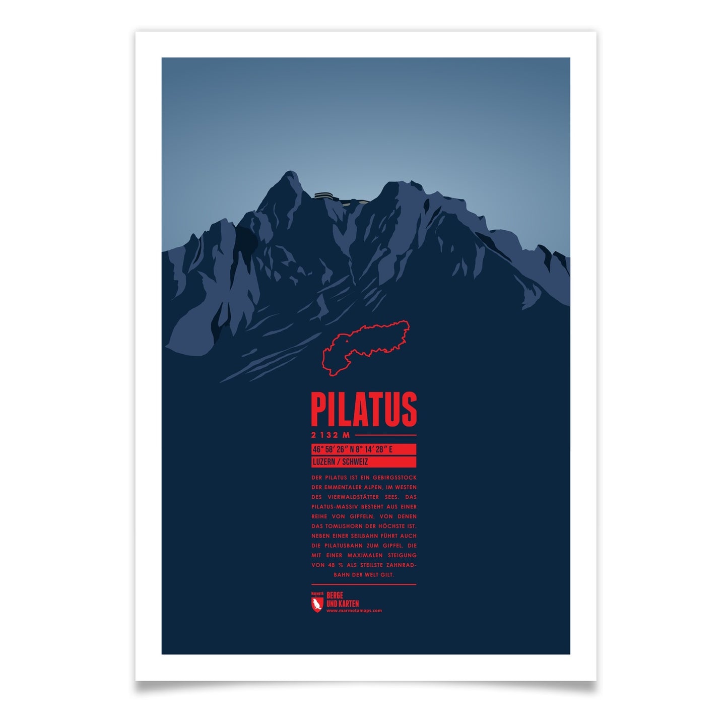 Pilatus als illustrierter Druck von Marmota Maps (2128 m, Emmentaler Alpen)