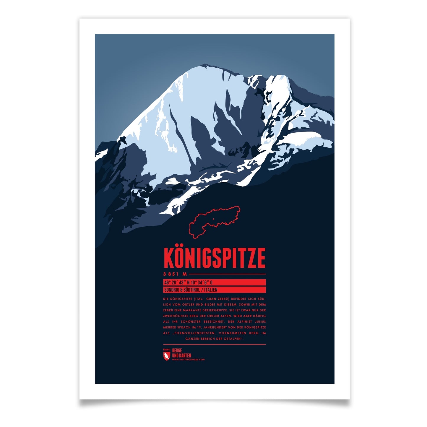 Königspitze als illustrierter Druck von Marmota Maps (3851 m, Ortler Alpen)