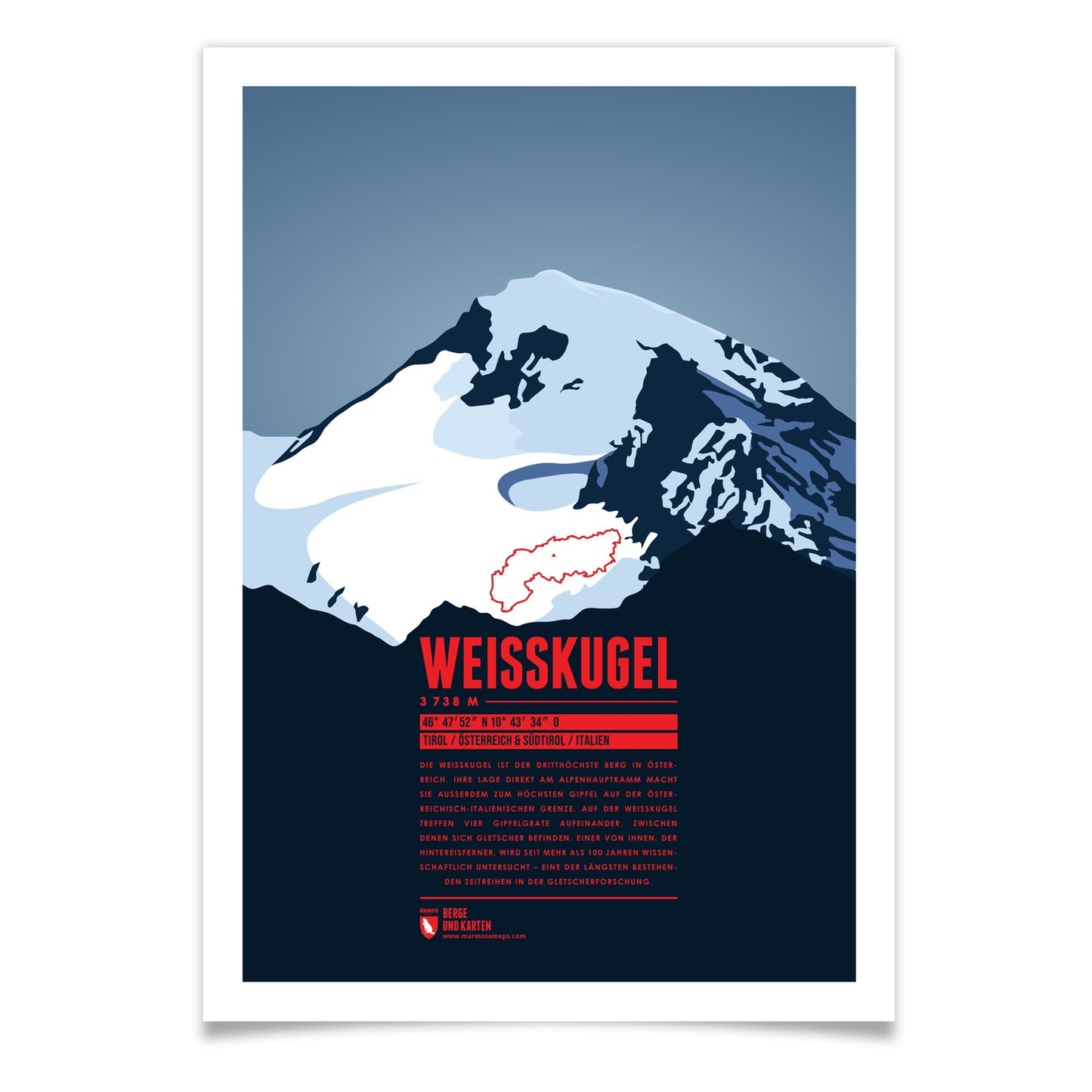 Weißkugel als illustrierter Druck von Marmota Maps (3738 m, Ötztaler Alpen)