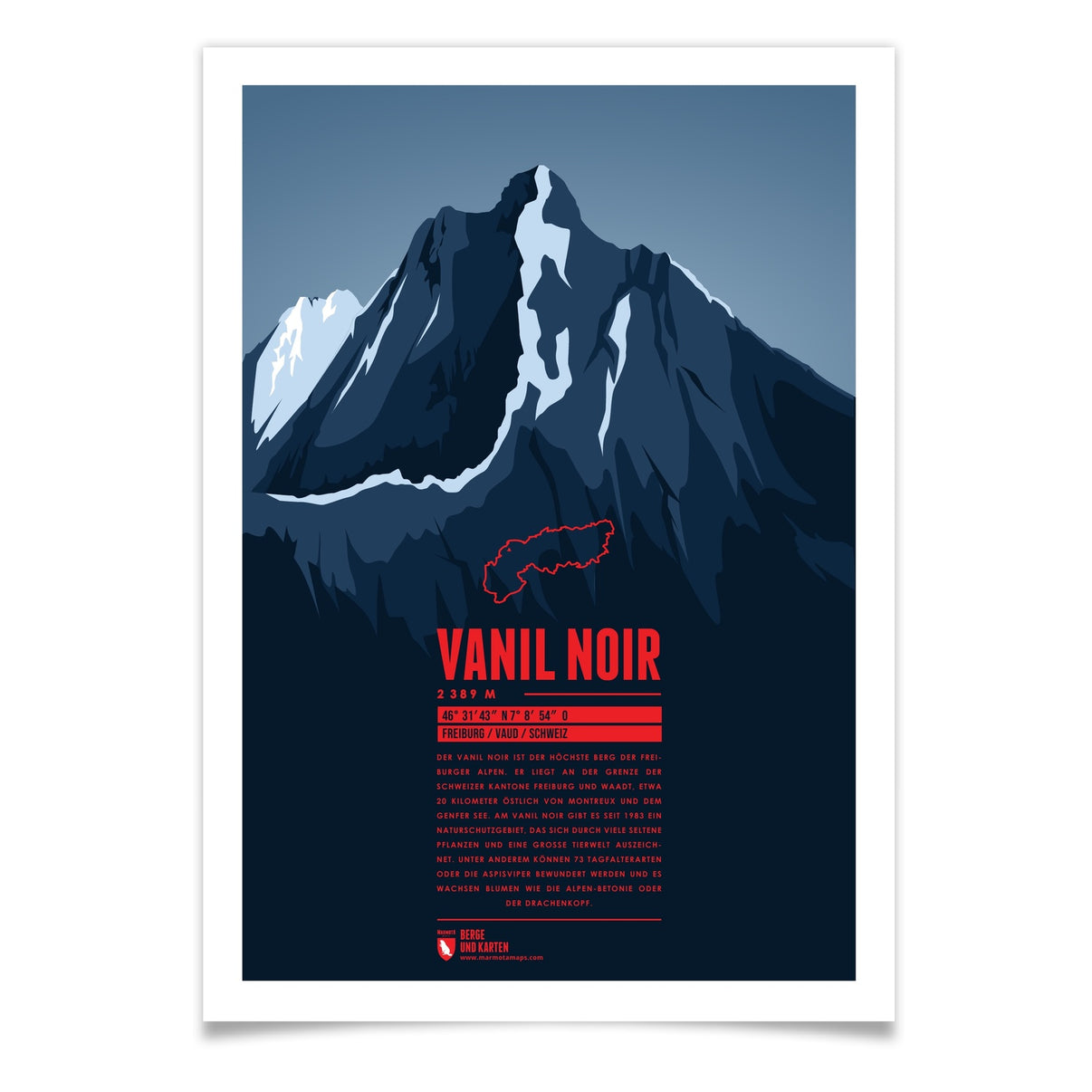Vanil Noir als illustrierter Druck von Marmota Maps (2389 m, Freiburger Alpen)