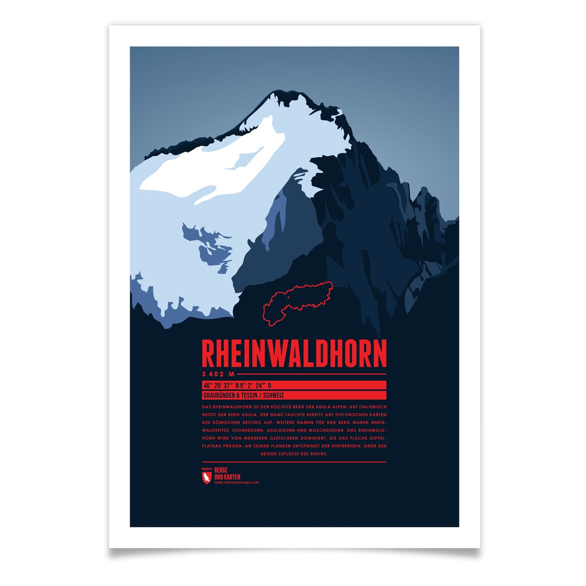 Rheinwaldhorn als illustrierter Druck von Marmota Maps (3402 m, Adula Alpen)