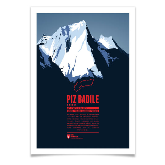 Piz Badile als illustrierter Druck von Marmota Maps (3308 m, Engadiner Alpen)