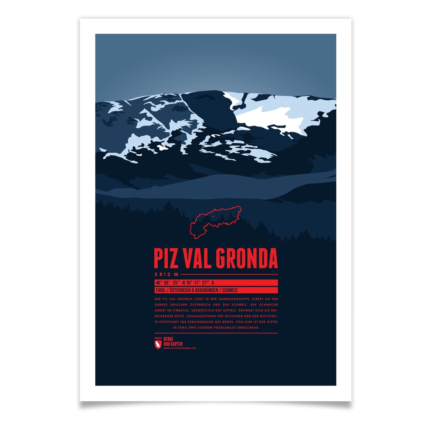 Piz Val Gronda als illustrierter Druck von Marmota Maps (2812 m, Silvretta, Rätikon, Verwall und Samnaun)