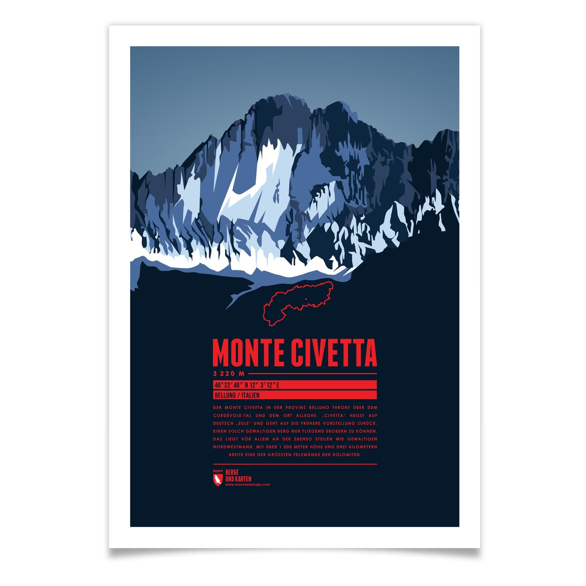 Monte Civetta als illustrierter Druck von Marmota Maps (3220 m, Dolomiten und Fleimstaler Alpen)