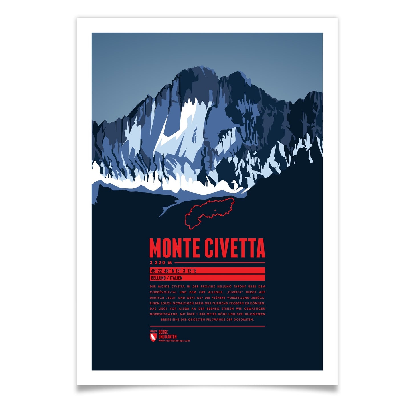 Monte Civetta als illustrierter Druck von Marmota Maps (3220 m, Dolomiten und Fleimstaler Alpen)