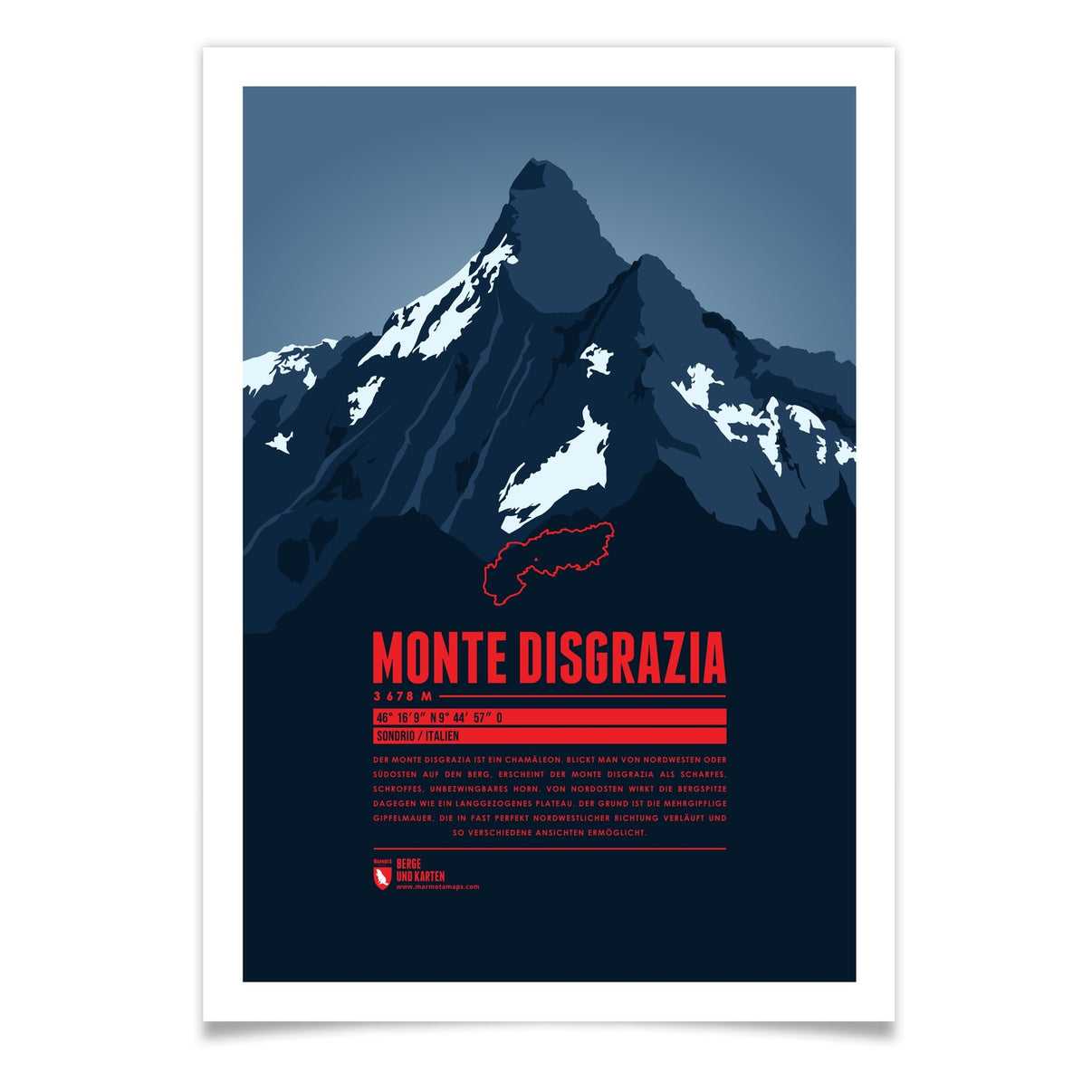 Monte Disgrazia als illustrierter Druck von Marmota Maps (3678 m, Engadiner Alpen)