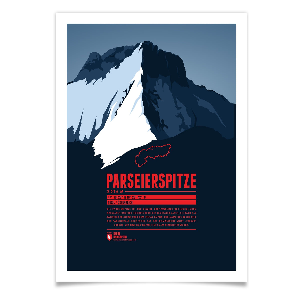 Parseierspitze als illustrierter Druck von Marmota Maps (3036 m, Lechtaler Alpen, Lechquellengebirge und Ammergauer Alpen)