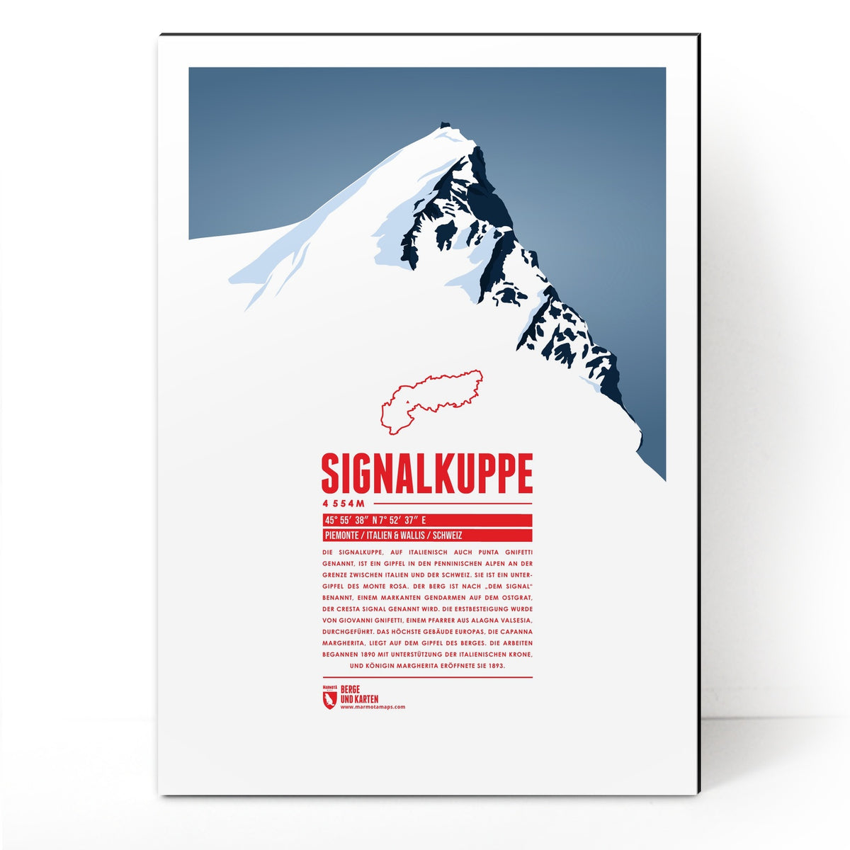 Signalkuppe als illustrierter Druck von Marmota Maps auf Aludibond (4554 m, Walliser Alpen)